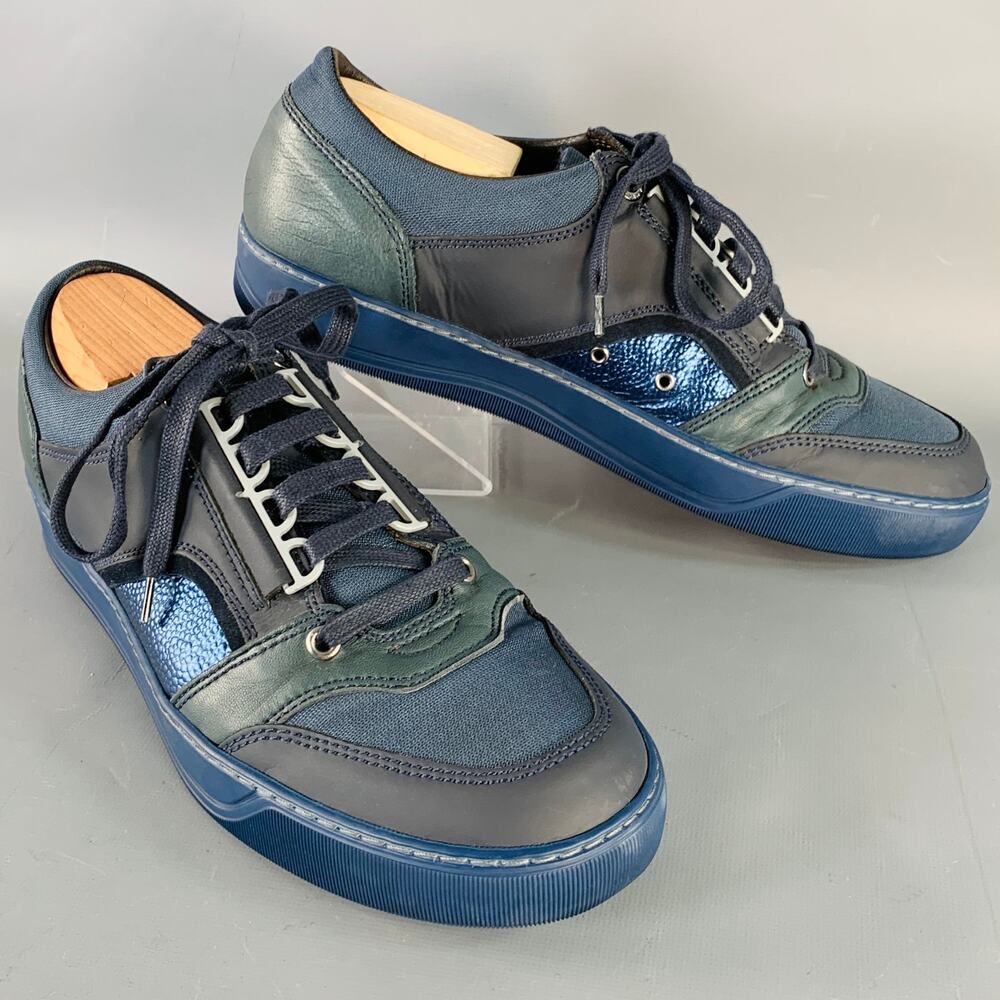 LANVIN Size 8 DBB1 Navy Black Color Block Leather Low Top Sneakers